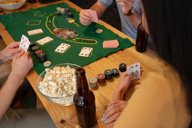 Teen Patti game table with three-card hands and betting positions